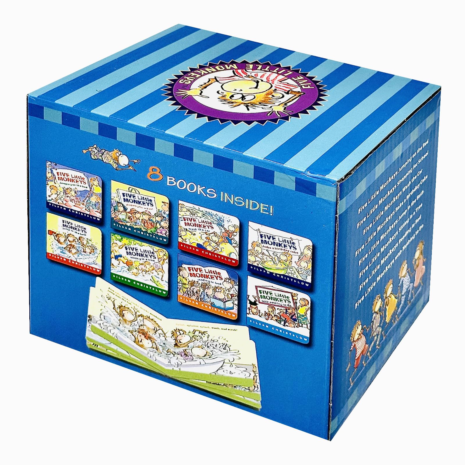 Eight board books from the Five Little Monkeys Adventures series by Eileen Christelow for ages 3–7 in a colorful box set.