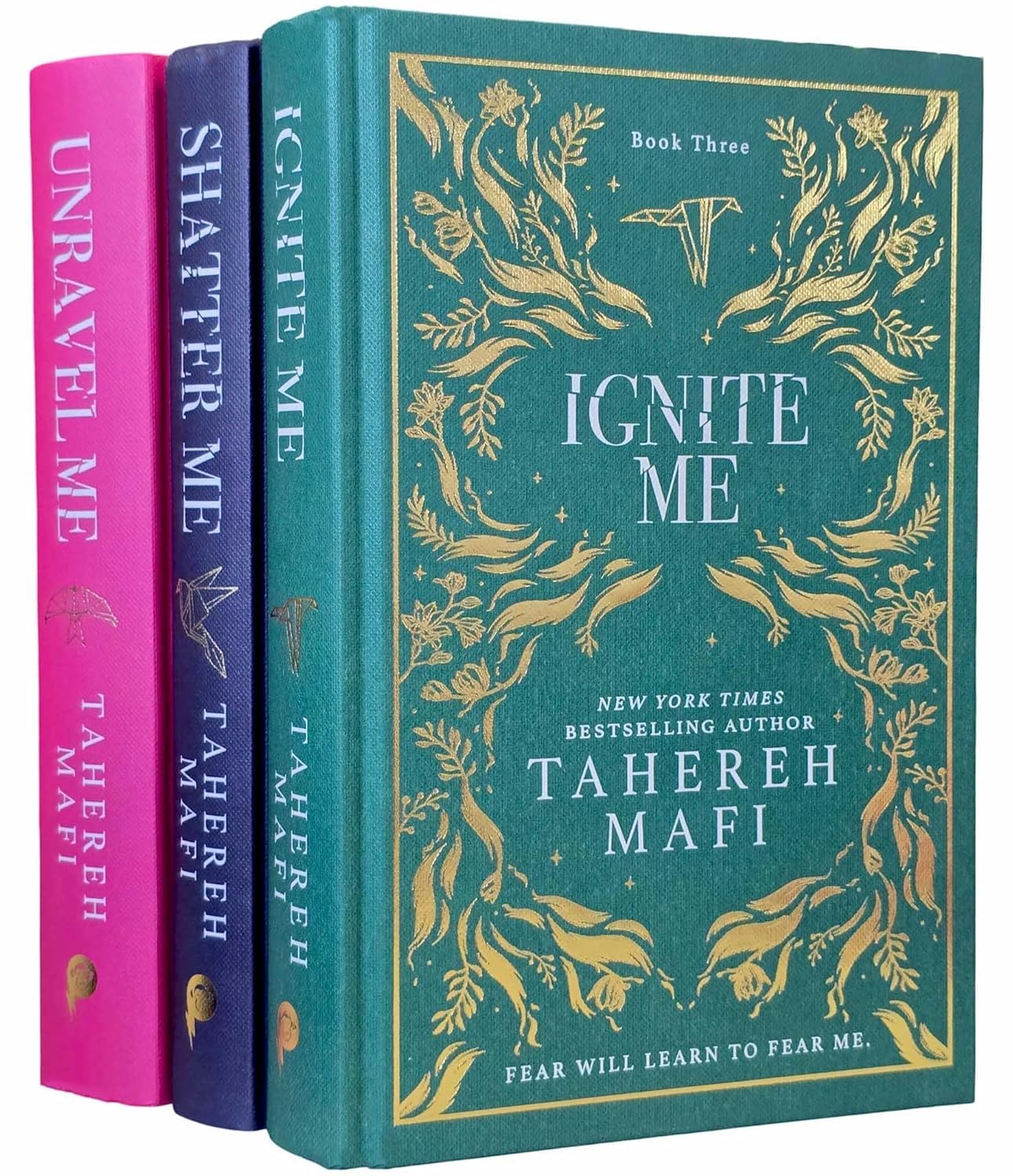 Three hardcover Tahereh Mafi Shatter Me books collection set, young adult fantasy novels, displayed with book spines visible.