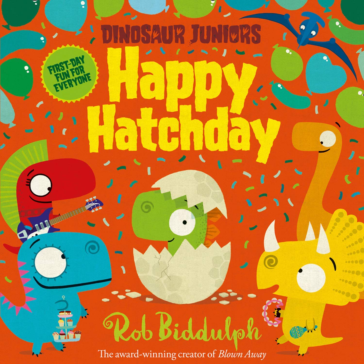 Three paperback books from the Dinosaur Juniors Series by Rob Biddulph for ages 3-7 on a colorful background.