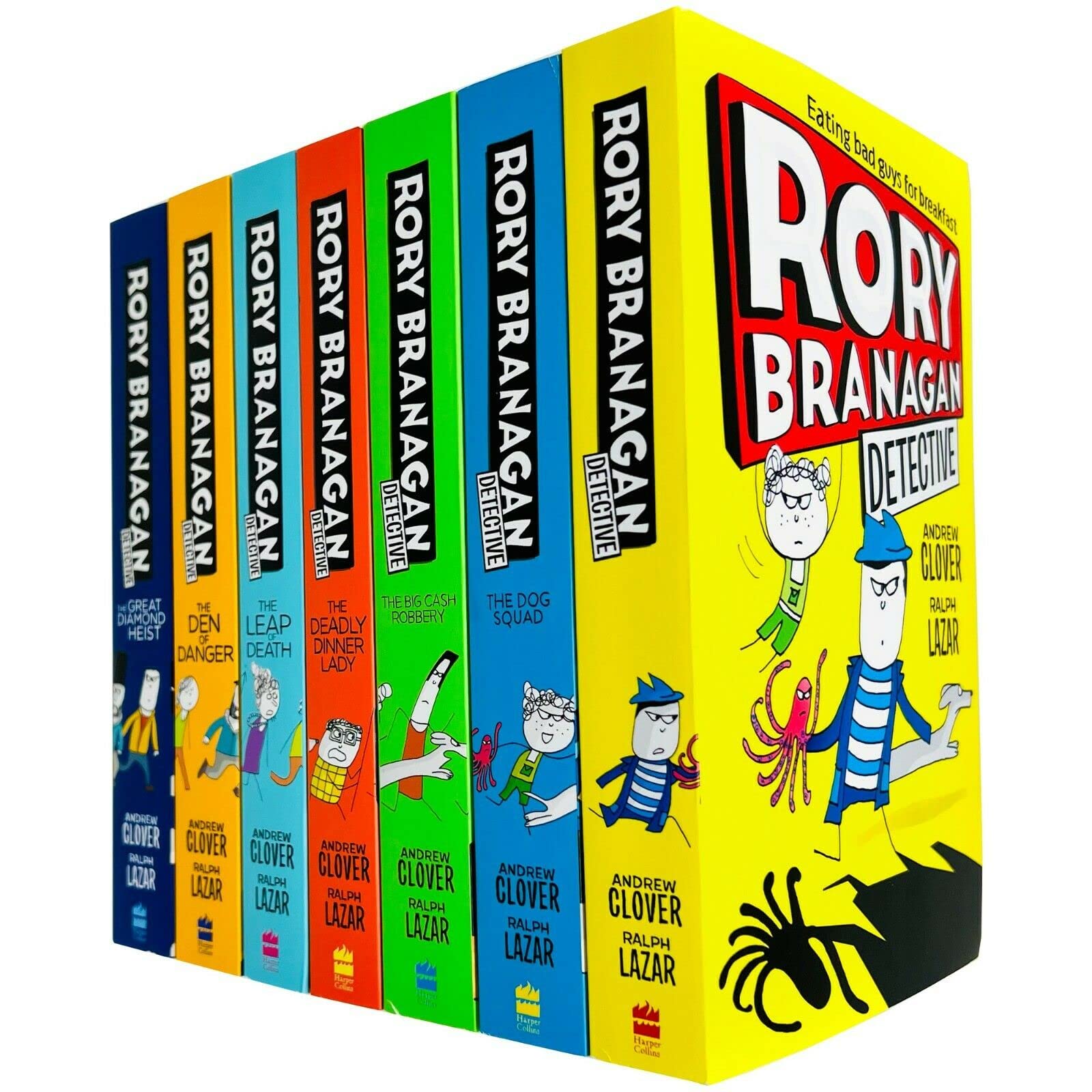 Rory Branagan Detective Series by Andrew Clover, four paperback books featuring colorful covers and engaging illustrations.