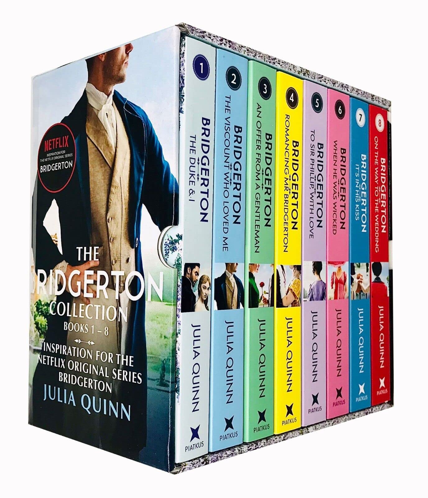 Set of eight paperback Bridgerton novels by Julia Quinn from Avon Ltd, featuring colorful book covers and classic Regency-era romance scenes.