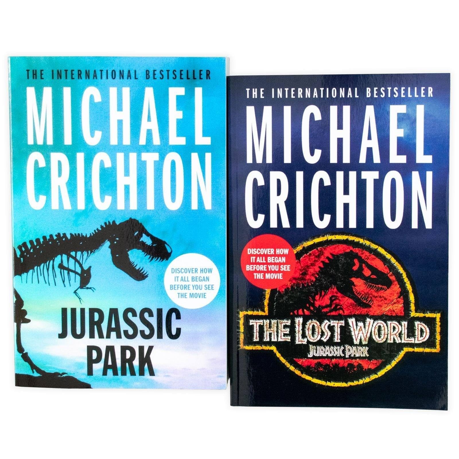 Two paperback Jurassic Park by Michael Crichton books in a Skymart Books Arrow collection set, featuring colorful cover art.