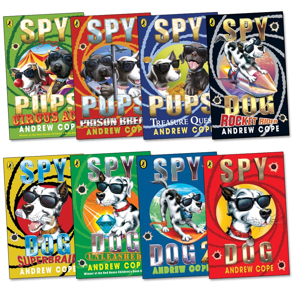Eight paperback books from the Spy Dog and Spy Pups collection featuring colorful covers and playful illustrations.