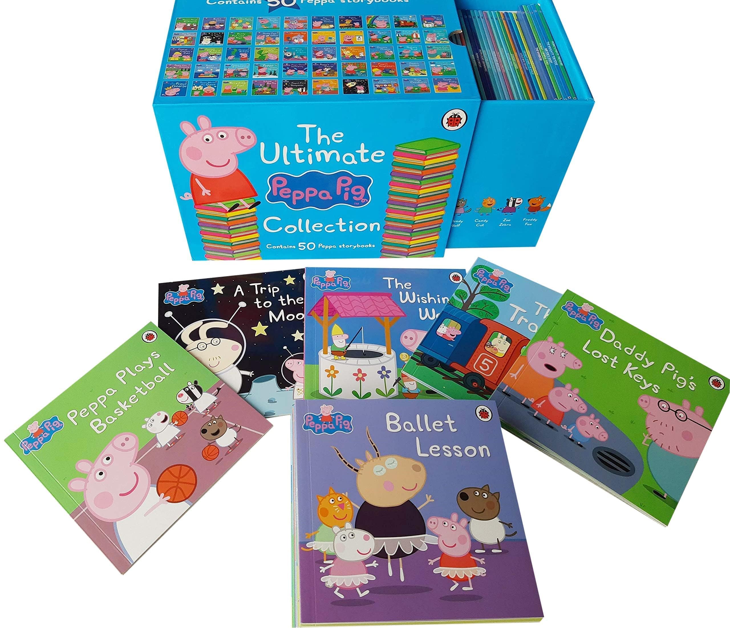 Peppa Pig Collection by Ladybird, 50 hardback books set for ages 3-7, featuring colorful covers and beloved characters.