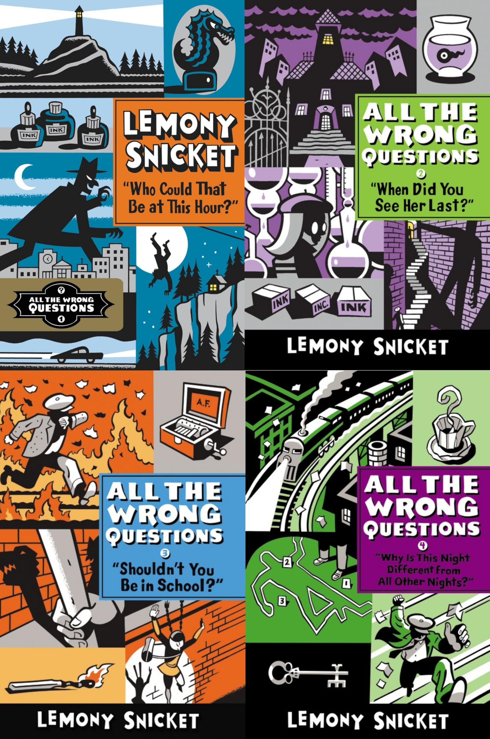 Four paperback books from the Lemony Snicket All The Wrong Questions collection, featuring distinctive cover art.