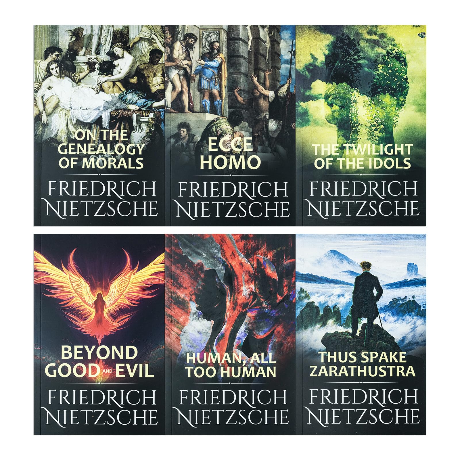 Complete works of Friedrich Nietzsche in a 6-book paperback collection by Classic Editions Ltd, featuring philosophical writings.