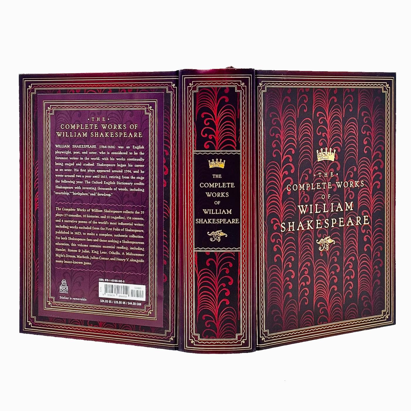 Hardback edition of the Complete Works of William Shakespeare by Rock Point Ltd, showcasing an elegant cover design.