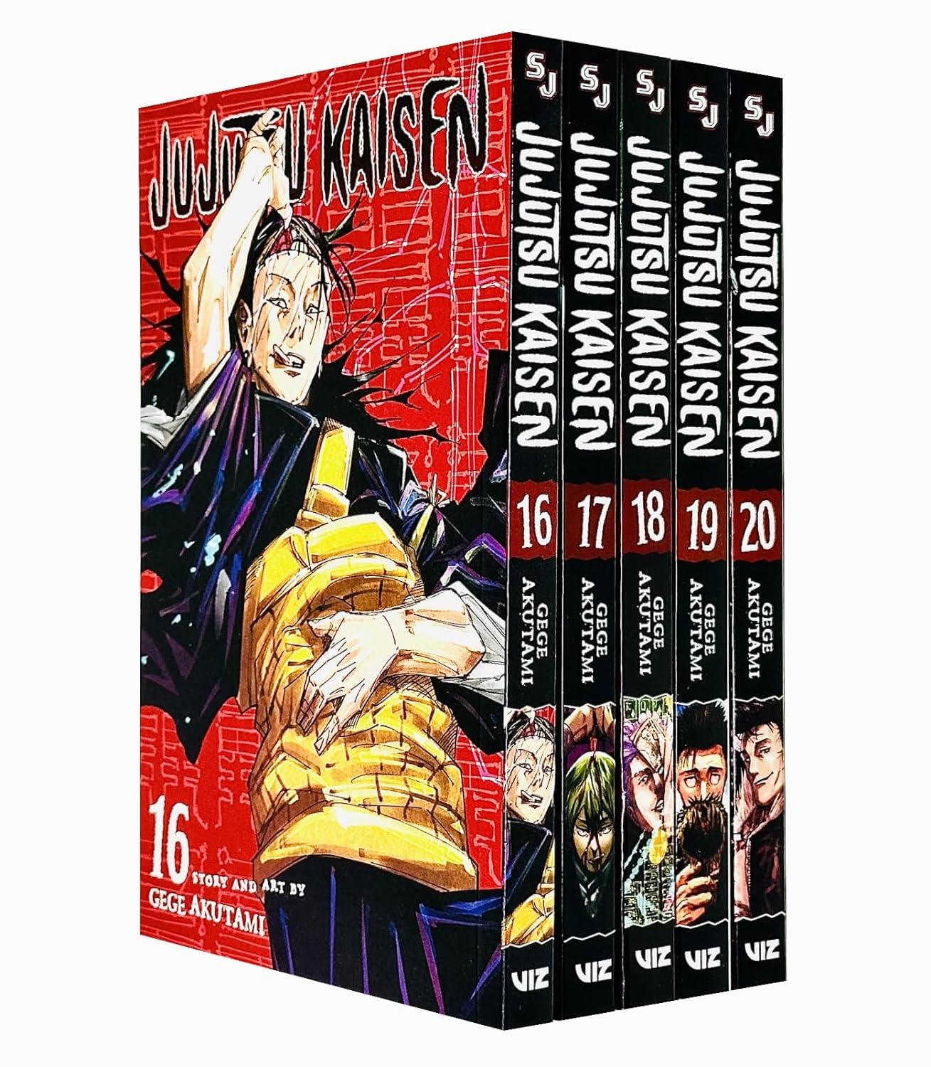 Set of five Jujutsu Kaisen paperback books by Gege Akutami, featuring vibrant cover art from the VIZ Media Ltd collection.