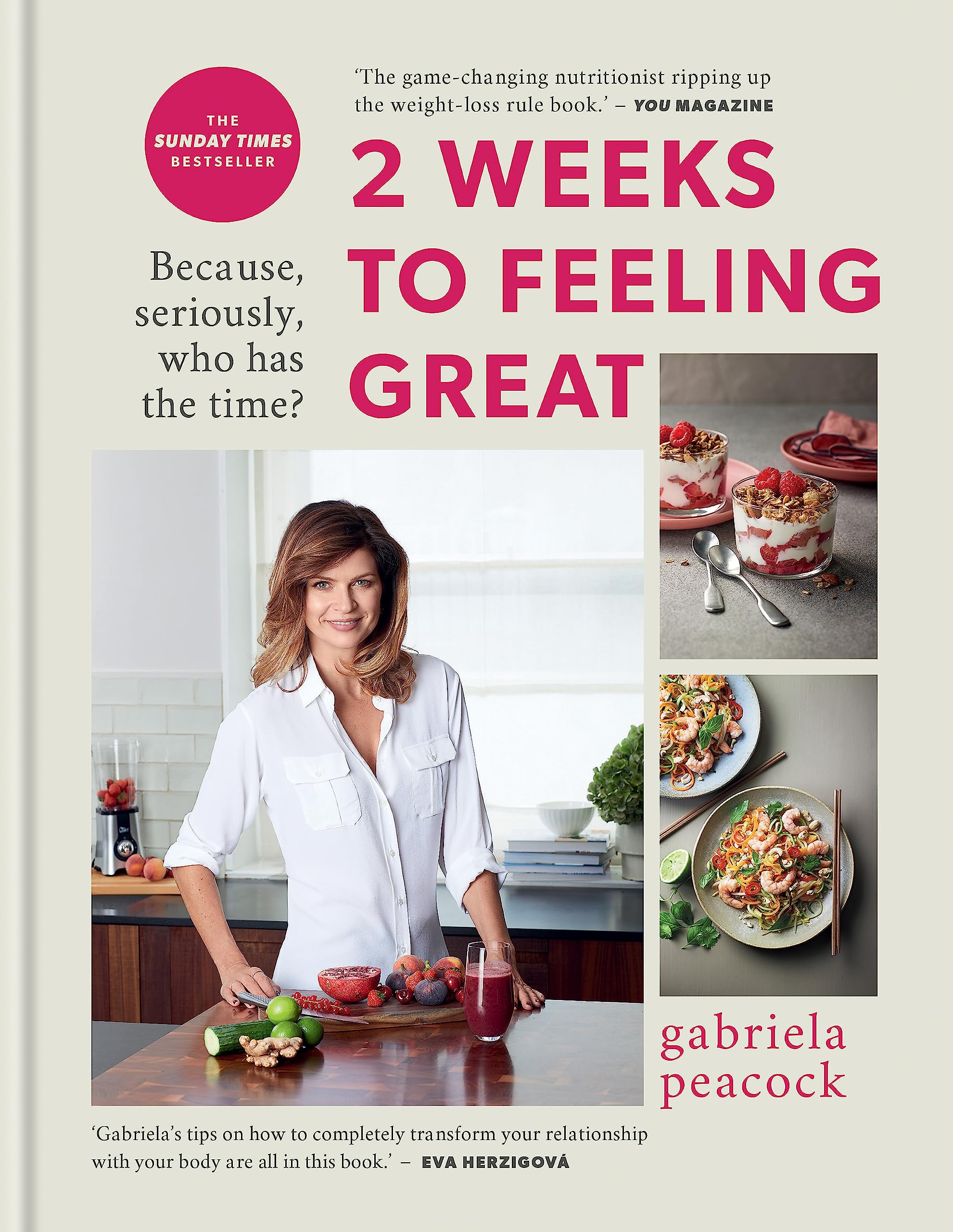 Hardback book "2 Weeks to Feeling Great" by Gabriela Peacock, featuring a colorful cover and informative spine design.