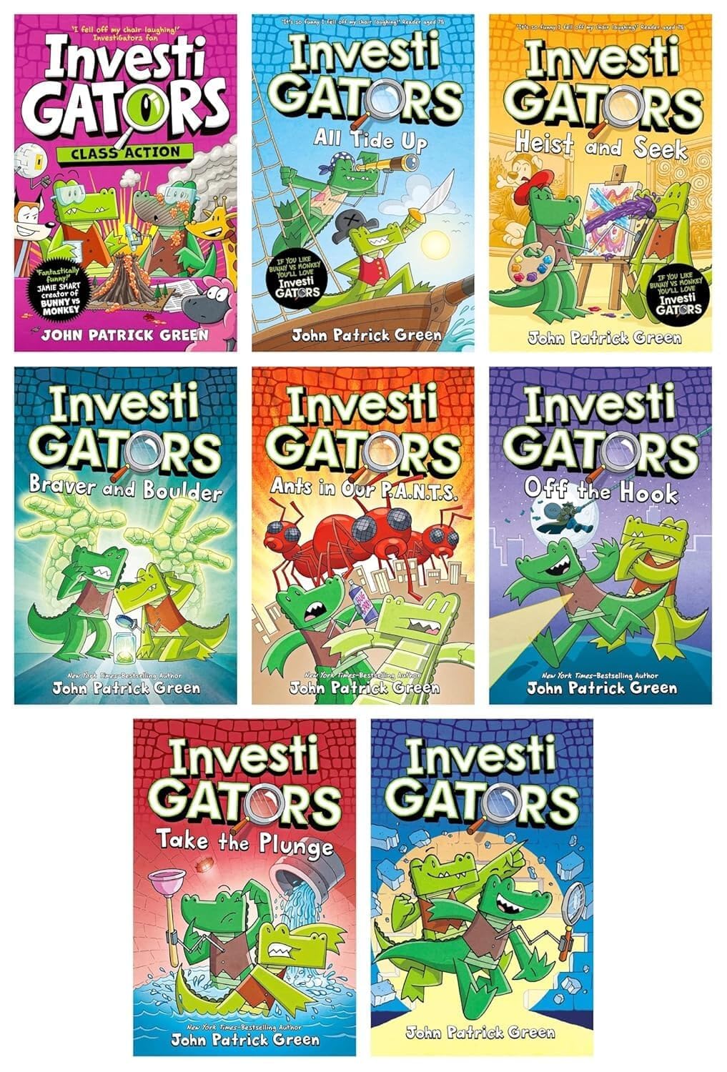 Eight paperback books from the "Investigators" series by John Patrick Green, showcasing colorful covers and engaging artwork.