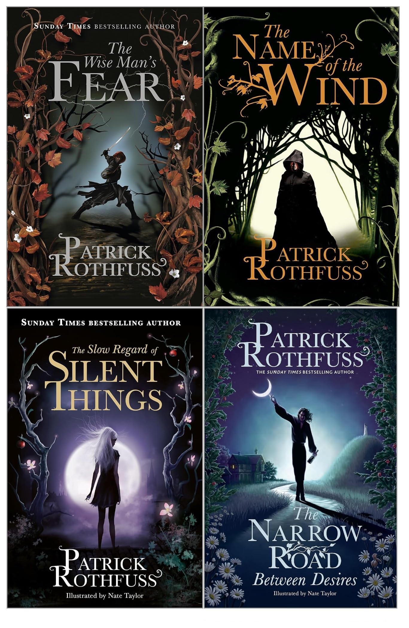Four paperback books from The Kingkiller Chronicle collection by Patrick Rothfuss, featuring Gollancz Ltd editions.