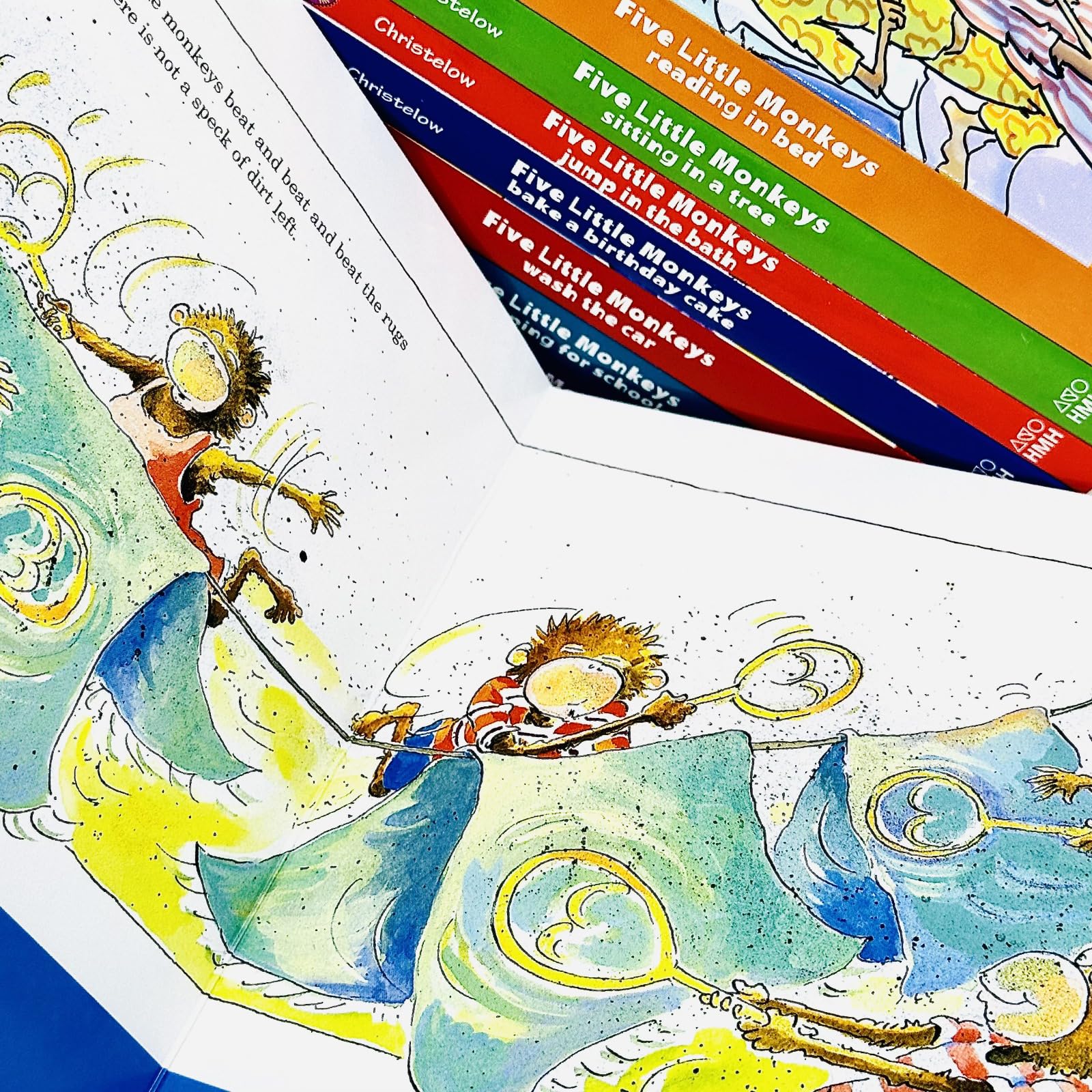Eight board books from the Five Little Monkeys Adventures collection by Eileen Christelow, suitable for ages 3-7.