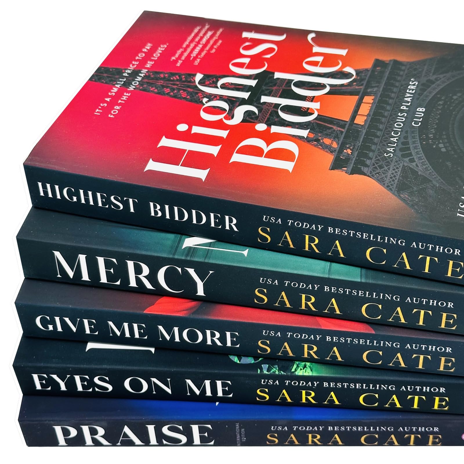 Set of five paperback Salacious Players Club books by Sara Cate, fiction collection from Sourcebooks Ltd, displayed together.