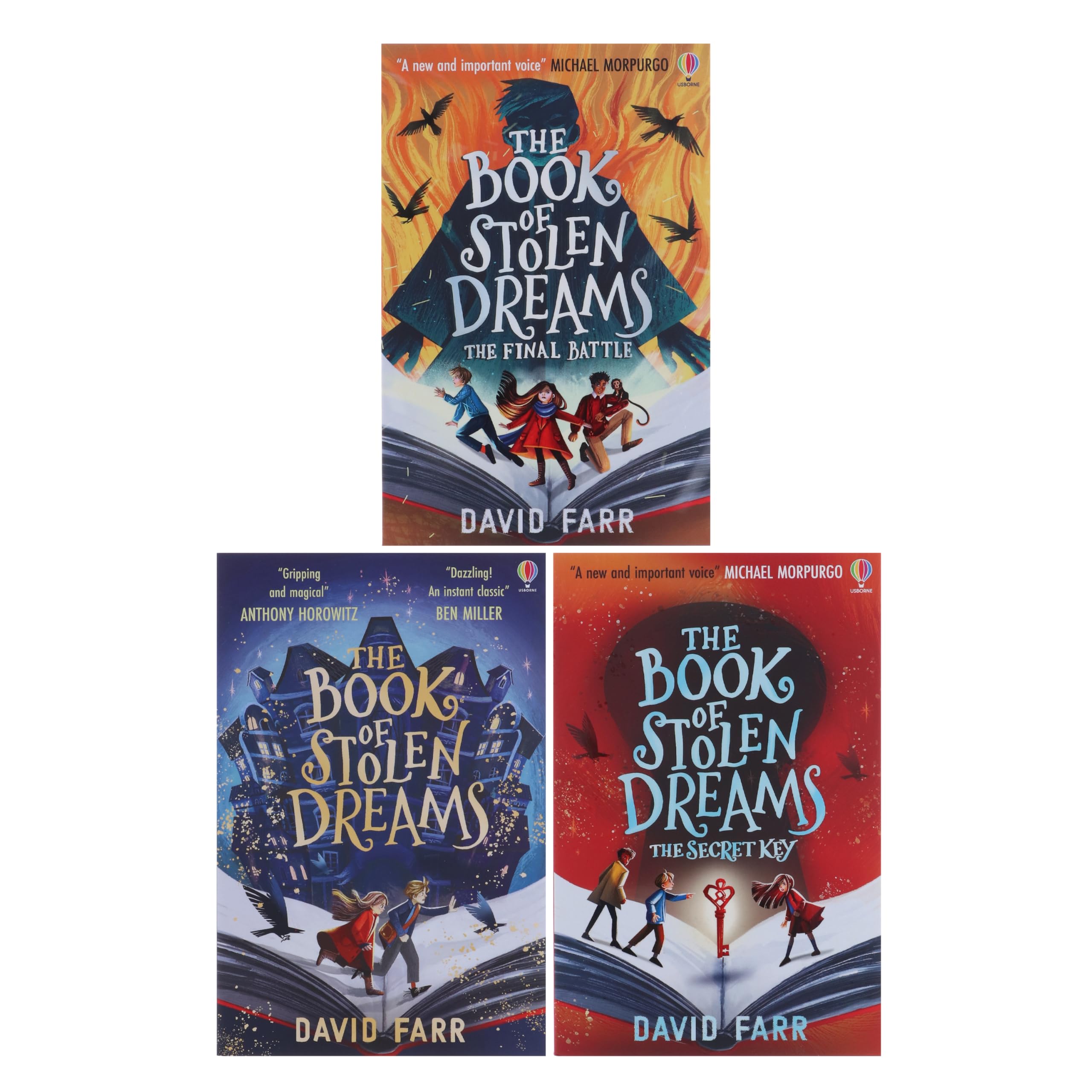 Three paperback books from the Stolen Dreams series by David Farr for ages 9-12, displayed together.