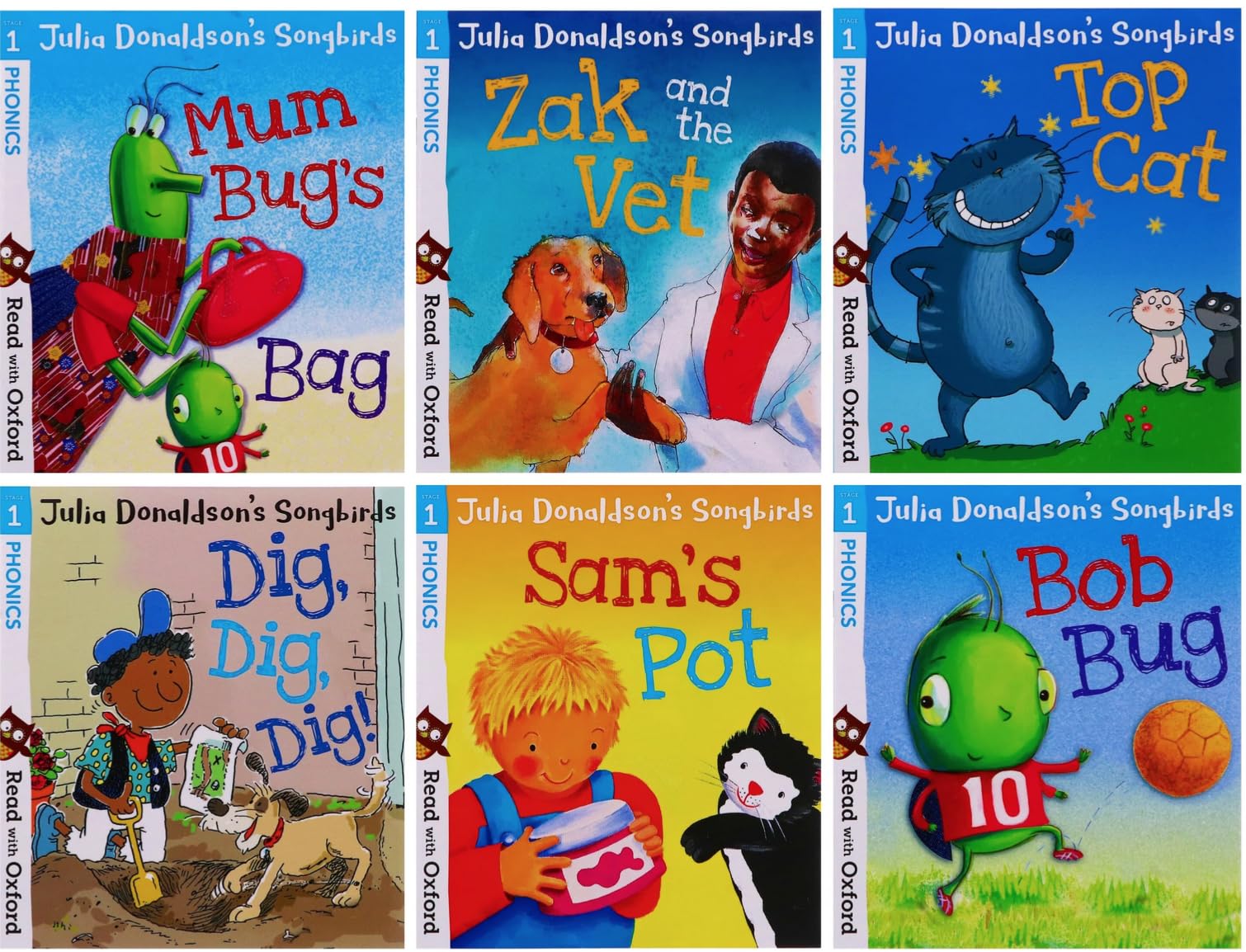 Set of Julia Donaldson's Songbirds 36 paperback books for ages 3–7, featuring colorful covers and illustrations from the collection.