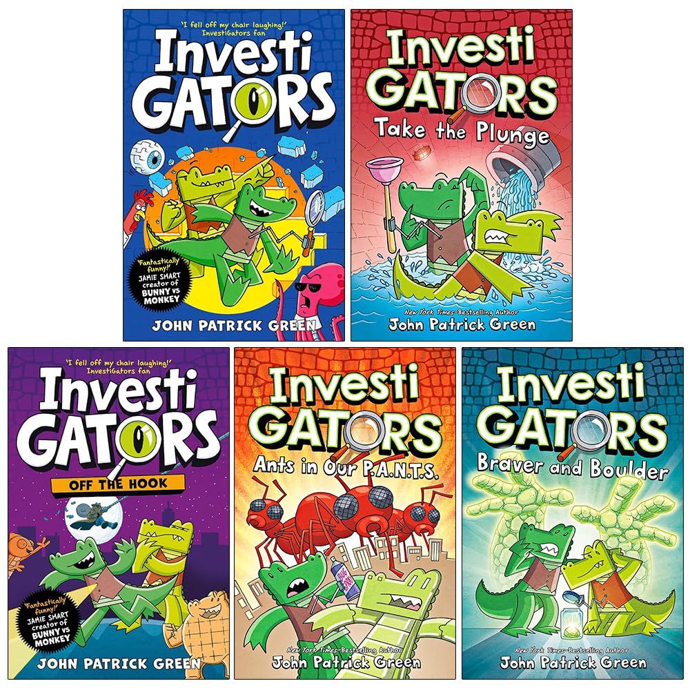 Set of five InvestiGators paperback books by John Patrick Green featuring colorful cover art from the Macmillan Children's Books collection.
