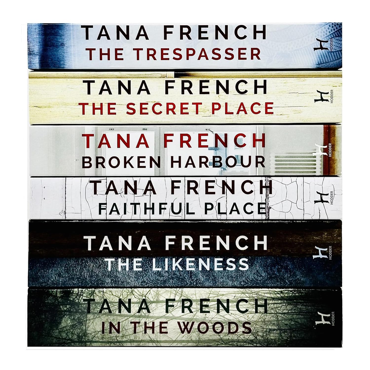Six paperback Dublin Murder Squad series books by Tana French in a box set, featuring crime fiction stories by Hachette Ltd.
