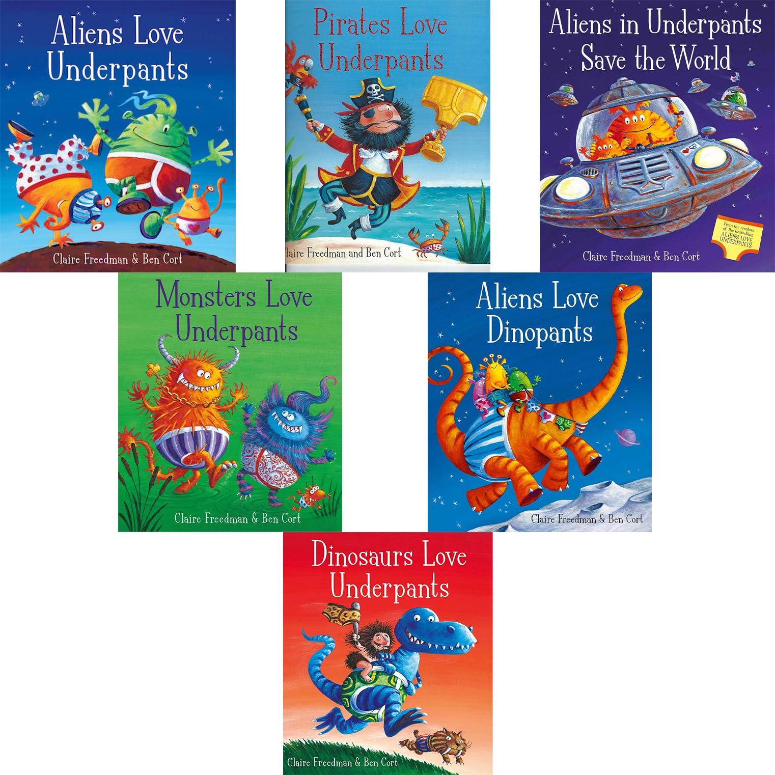 Set of five paperback "Aliens Love Underpants" books by Claire Freedman and Ben Cort, featuring aliens, pirates, dinosaurs, and monsters.