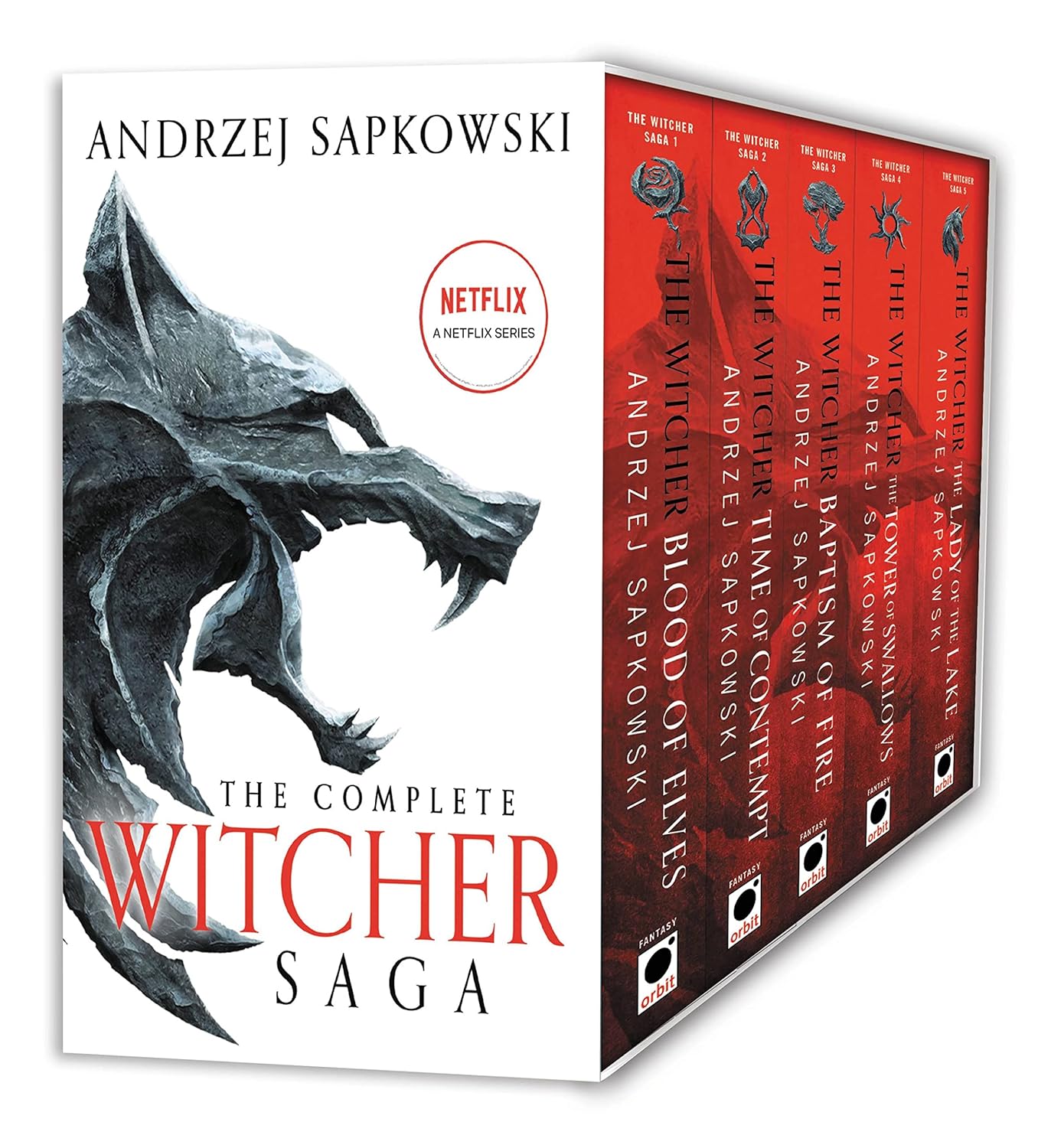 Set of five paperback Witcher Saga books by Andrzej Sapkowski in Orbit edition, featuring fantasy fiction covers and spines.