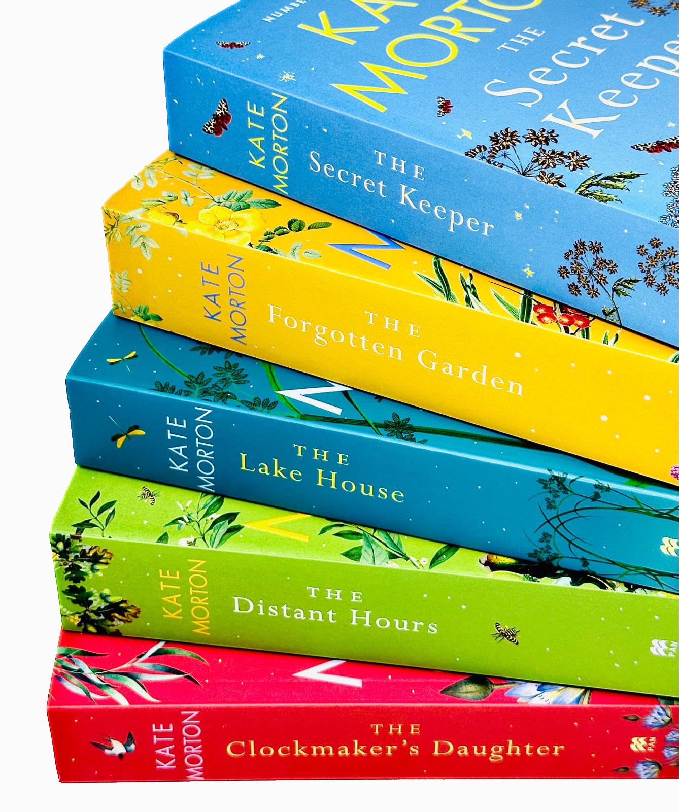 Kate Morton Collection of 5 paperback fiction books featuring colorful covers arranged on a table.