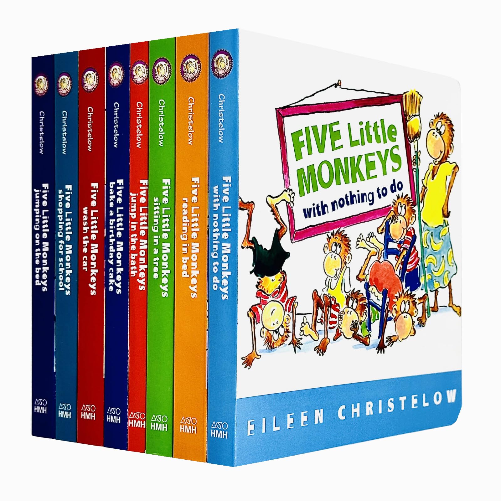 Eight board books from the Five Little Monkeys Adventures series by Eileen Christelow in a colorful box set.