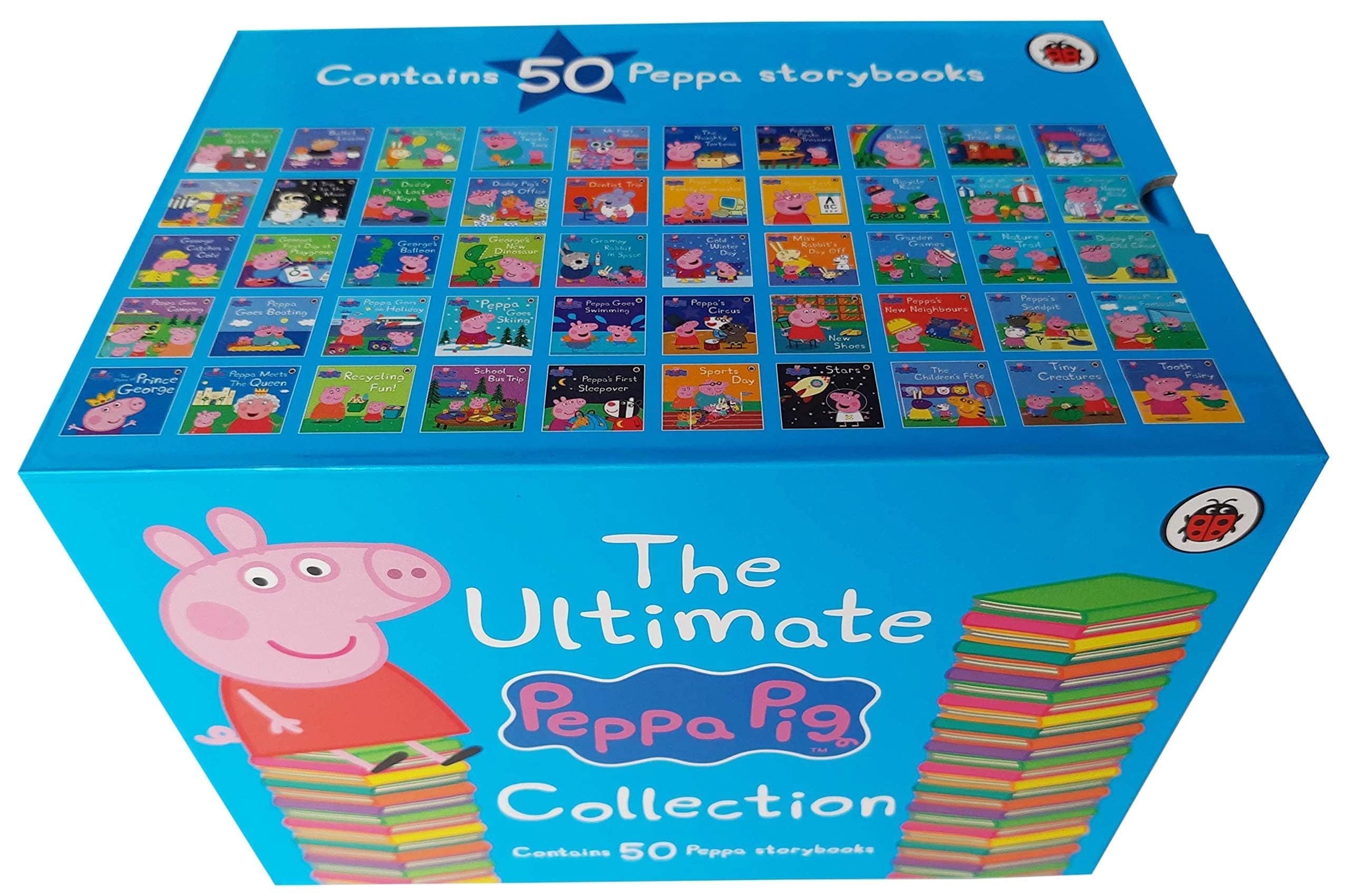 Hardback Peppa Pig Collection by Ladybird, featuring 50 colorful children's books for ages 3-7 on a white background.