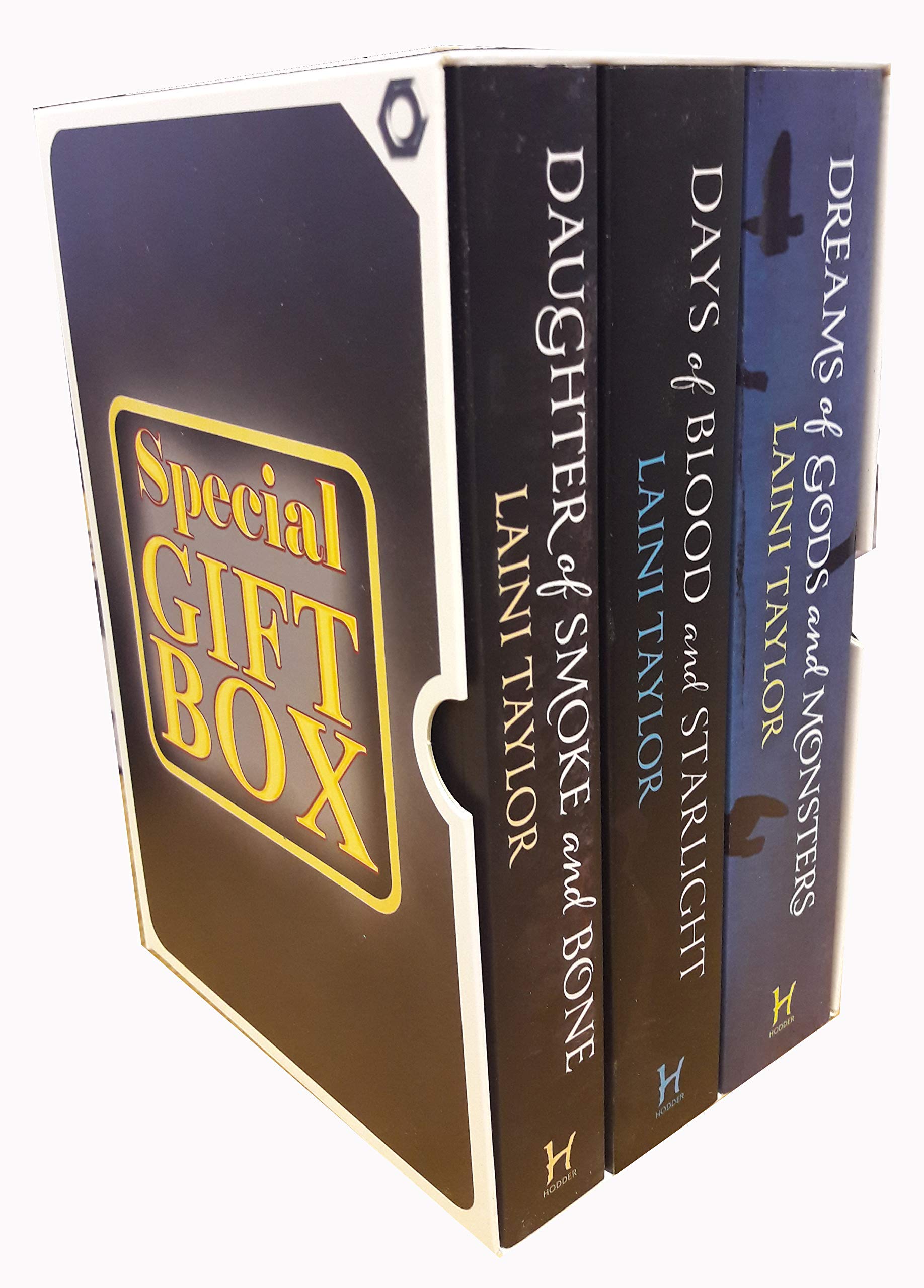Daughter of Smoke and Bone by Laini Taylor, 3 paperback books collection box set in a colorful design.