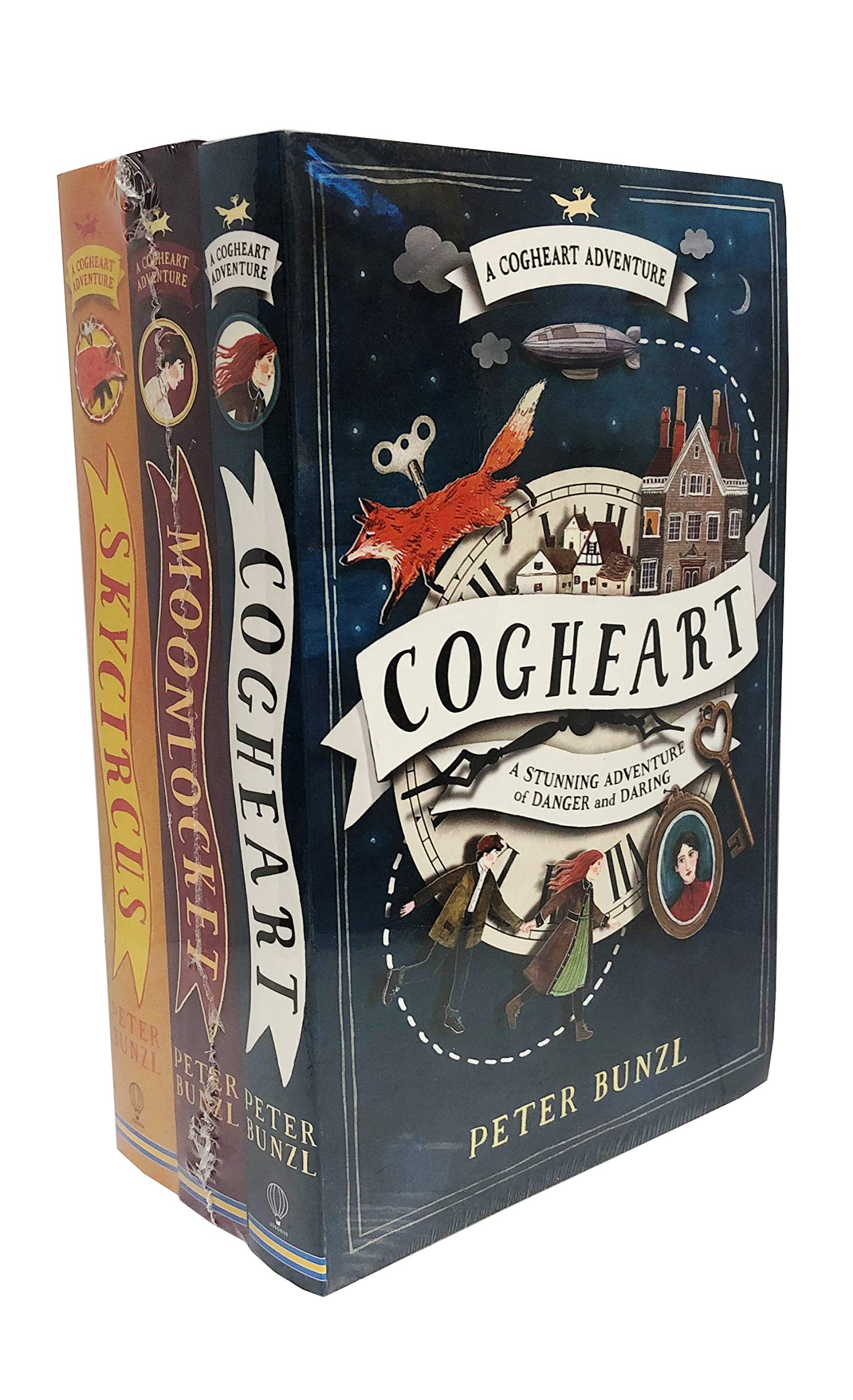 Cogheart Adventures 3-book collection by Peter Bunzl, featuring colorful paperback covers and whimsical illustrations.