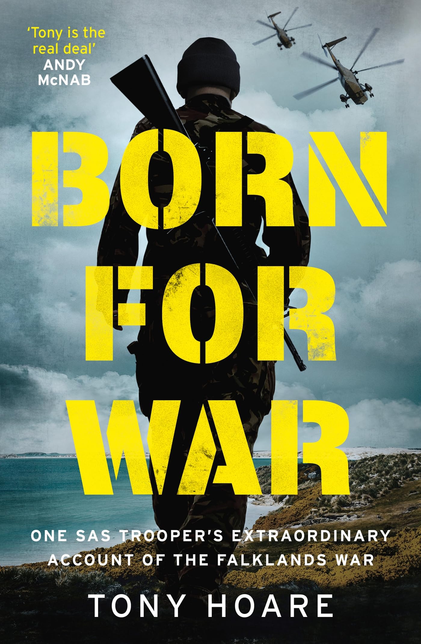 Hardback book "Born For War: SAS Trooper's Falklands War" by Tony Hoare on a wooden surface with a blurred background.
