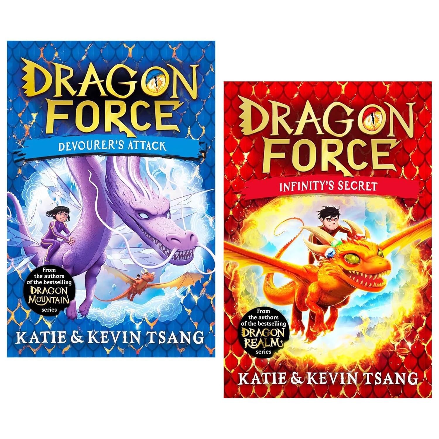 Dragon Force Series by Katie Tsang, two paperback books featuring vibrant covers and fantasy-themed illustrations.