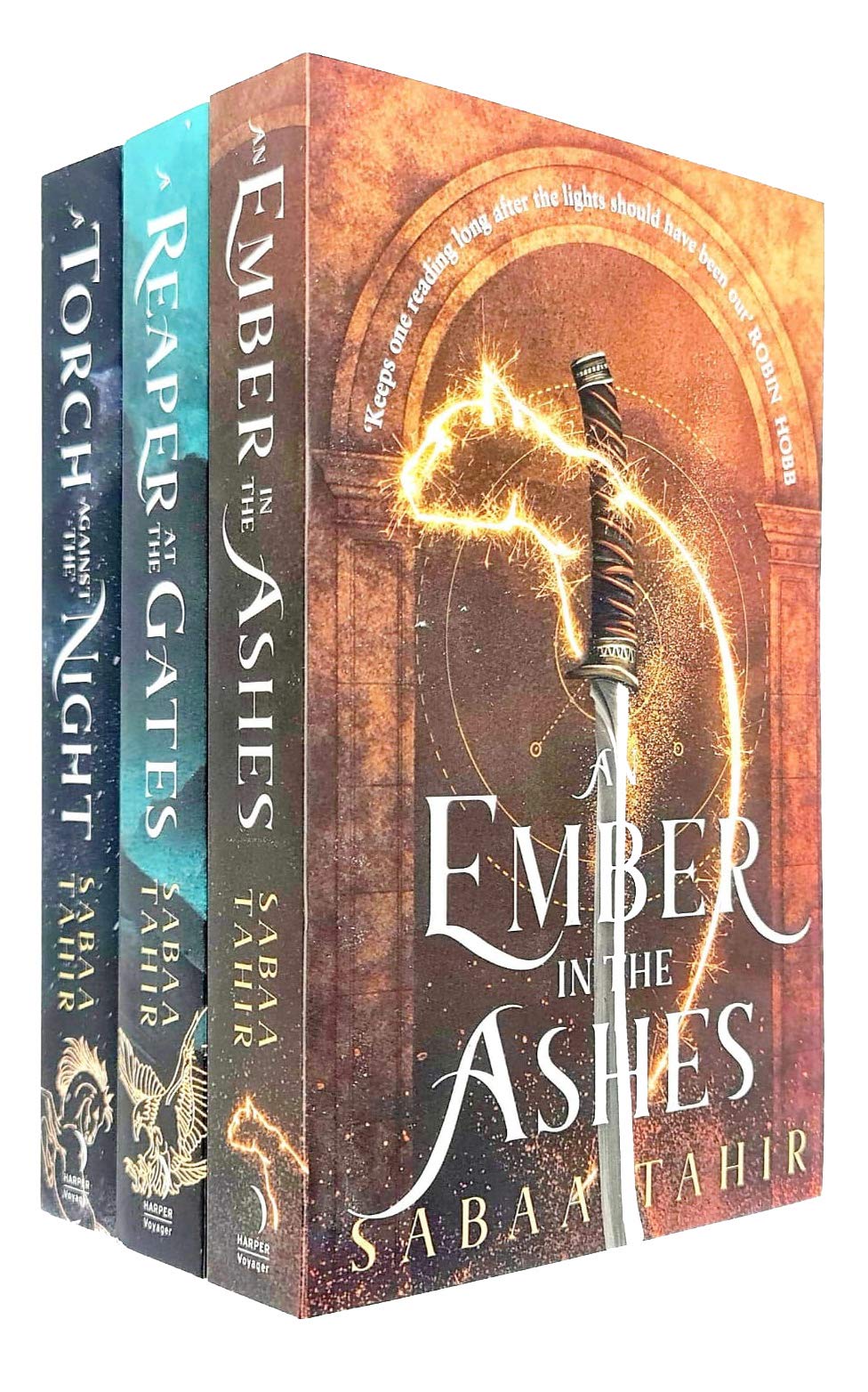 Three paperback books from the Ember in the Ashes series by Sabaa Tahir, featuring fantasy covers and vibrant colors.