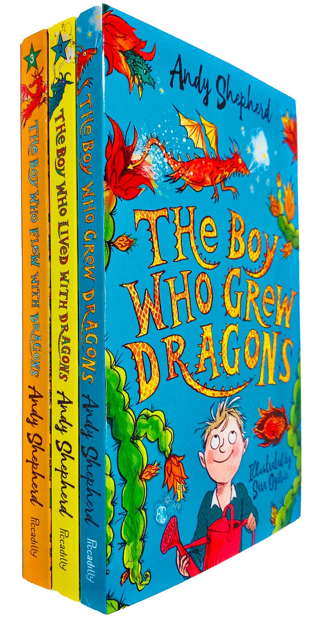 Three paperback books from the Boy Who Grew Dragons series by Andy Shepherd, suitable for ages 7–9, displayed together.