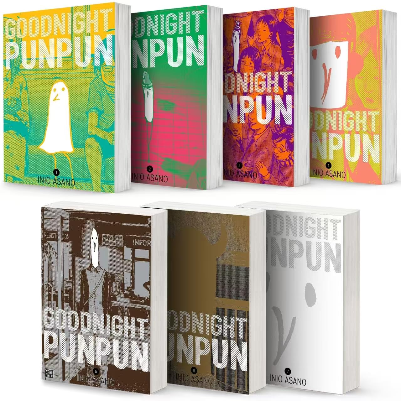 Seven paperback books from the Goodnight Punpun collection by Inio Asano, featuring manga art and titles on the covers.