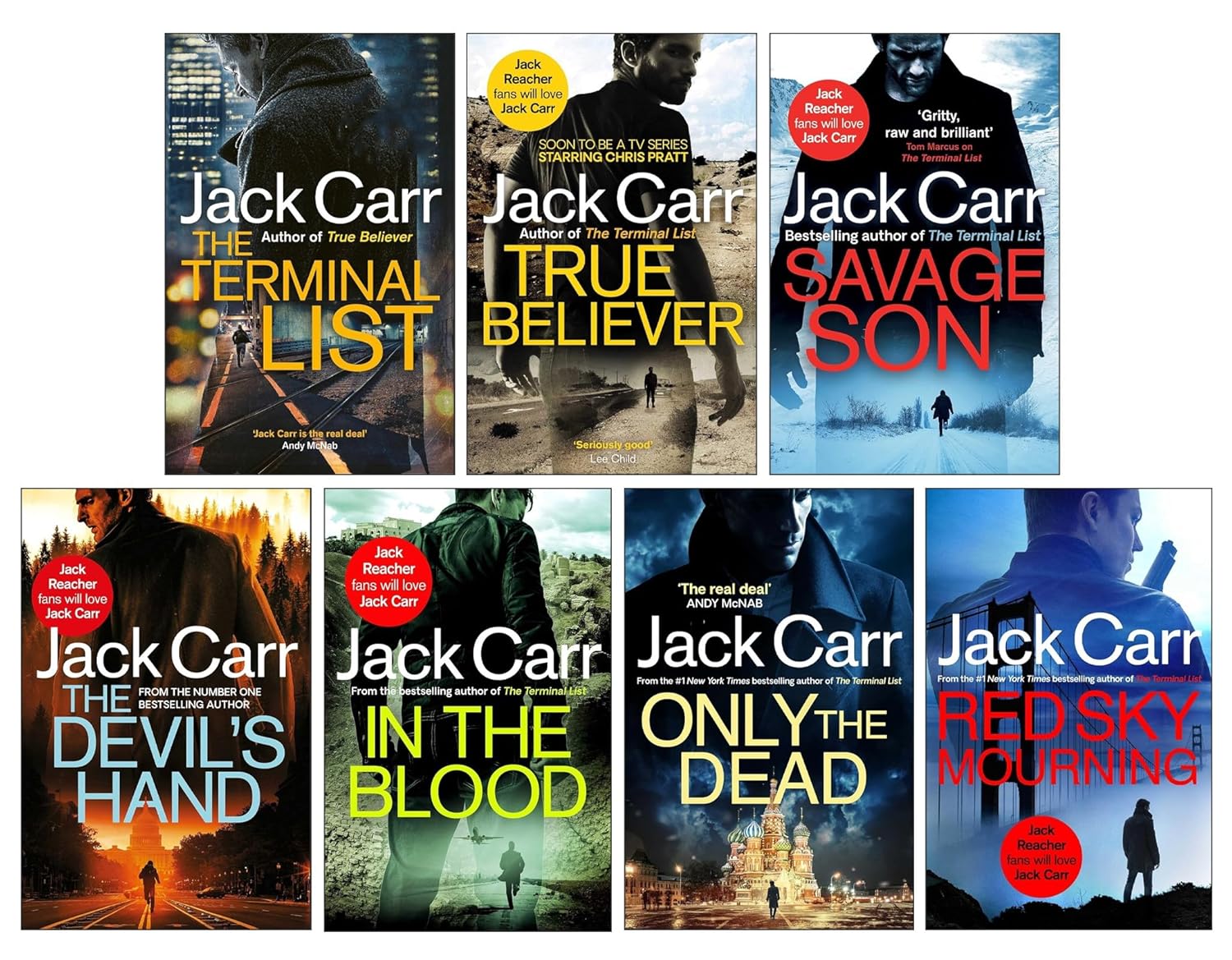 Seven-book James Reece series by Jack Carr in paperback, featuring thriller fiction novels published by Simon & Schuster UK Ltd.