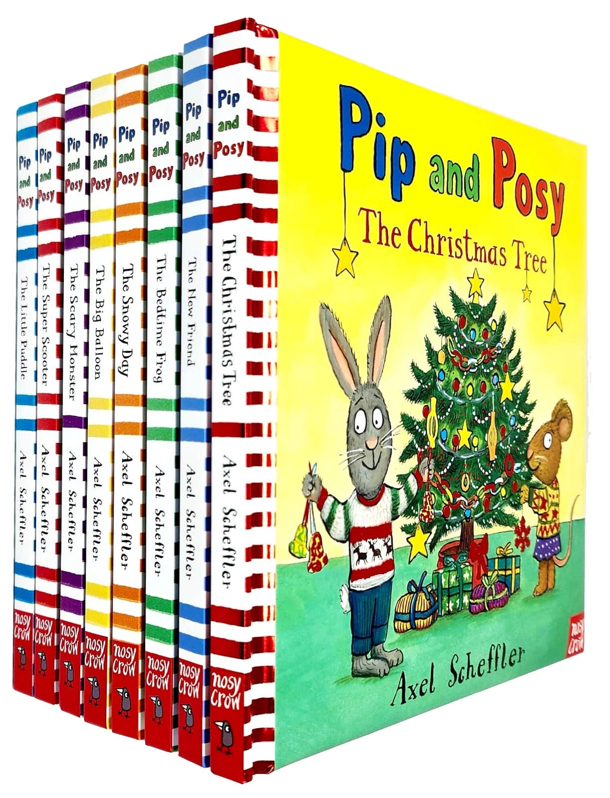 Pip and Posy 8 book collection set by Axel Scheffler for ages 2-5, featuring colorful hardback covers and playful illustrations.