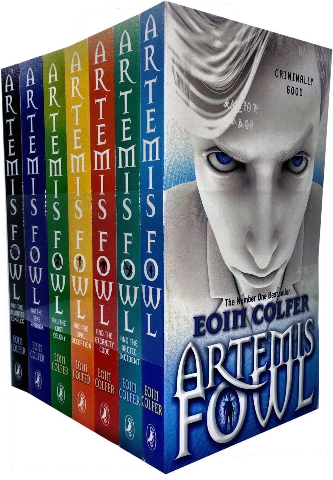 Artemis Fowl Series by Eoin Colfer, 7 paperback books in a collection set, featuring colorful covers and engaging designs.