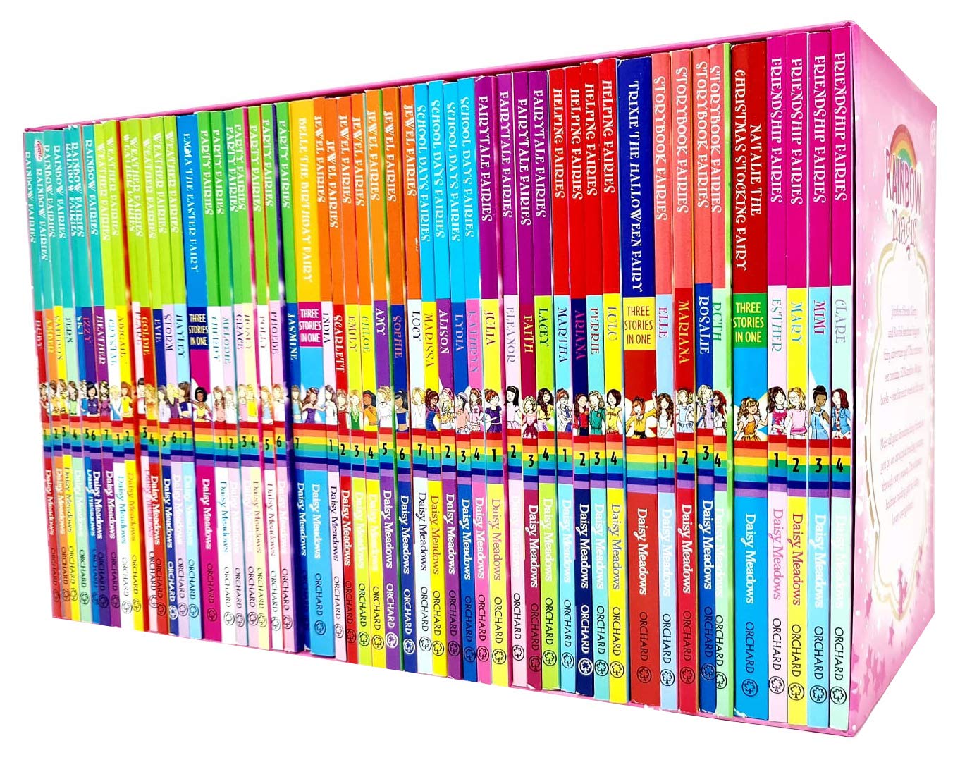 Set of Rainbow Magic Series by Daisy Meadows, 52 paperback books for ages 5+, featuring colorful covers and magical fairy illustrations.