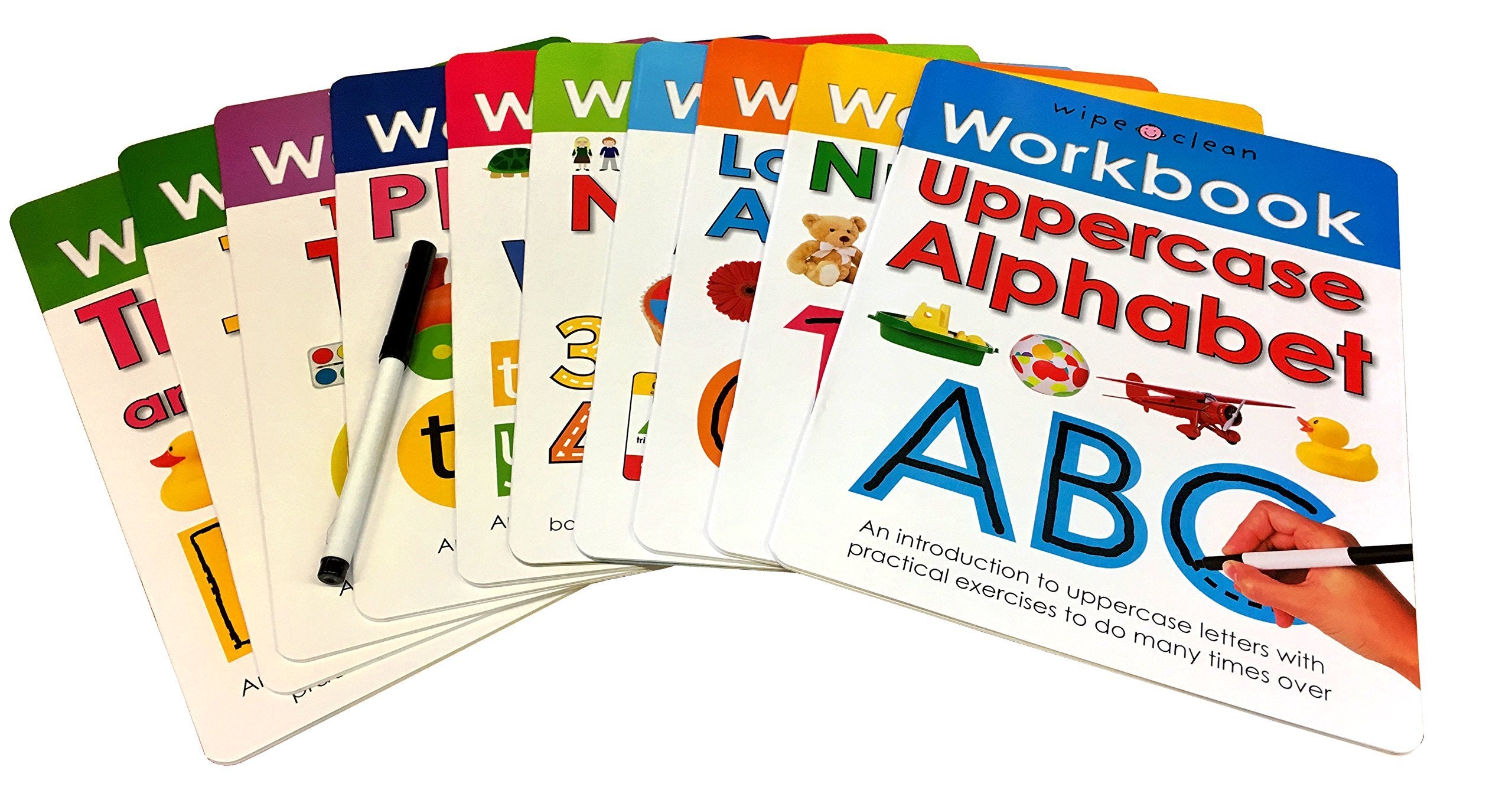 Wipe-Clean Workbook Collection set by Roger Priddy featuring 10 board books for ages 3–5, displaying colorful covers.