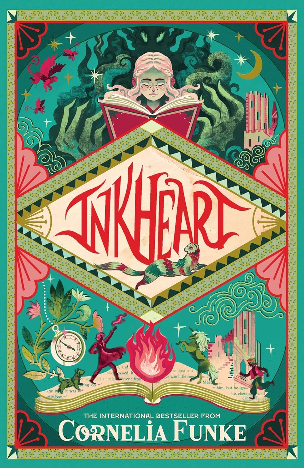 Inkheart Trilogy by Cornelia Funke, three paperback books stacked on a surface, showcasing vivid cover art and titles.
