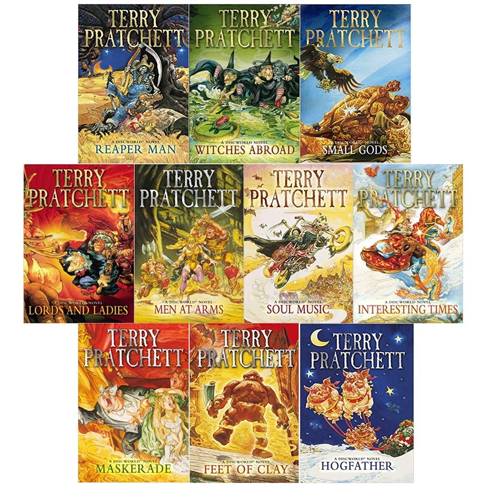 Discworld series by Terry Pratchett, 10 paperback books collection set, featuring colorful covers and unique artwork.