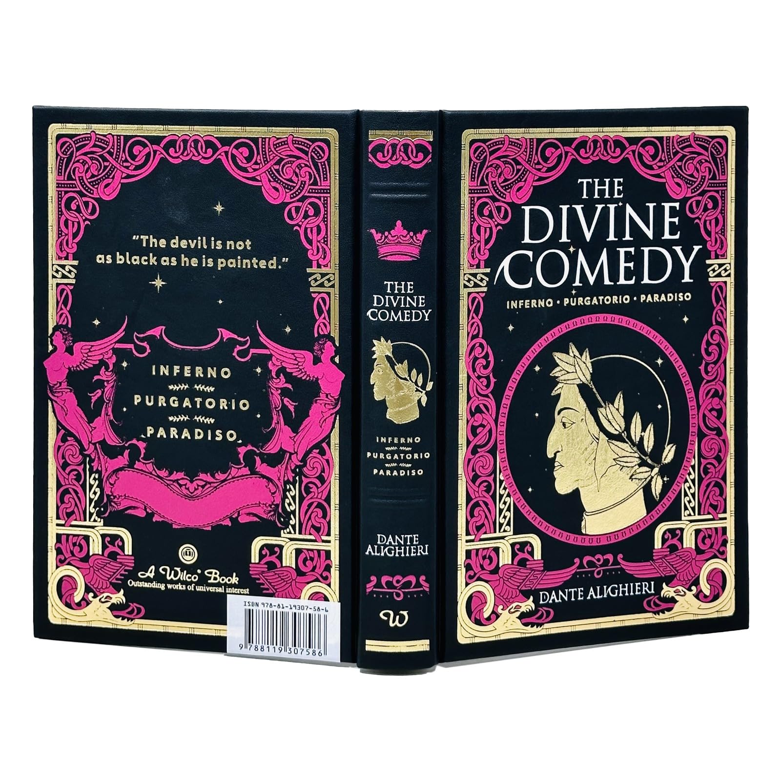 Deluxe leather-bound edition of The Divine Comedy by Dante Alighieri, featuring intricate cover details and hardback design.