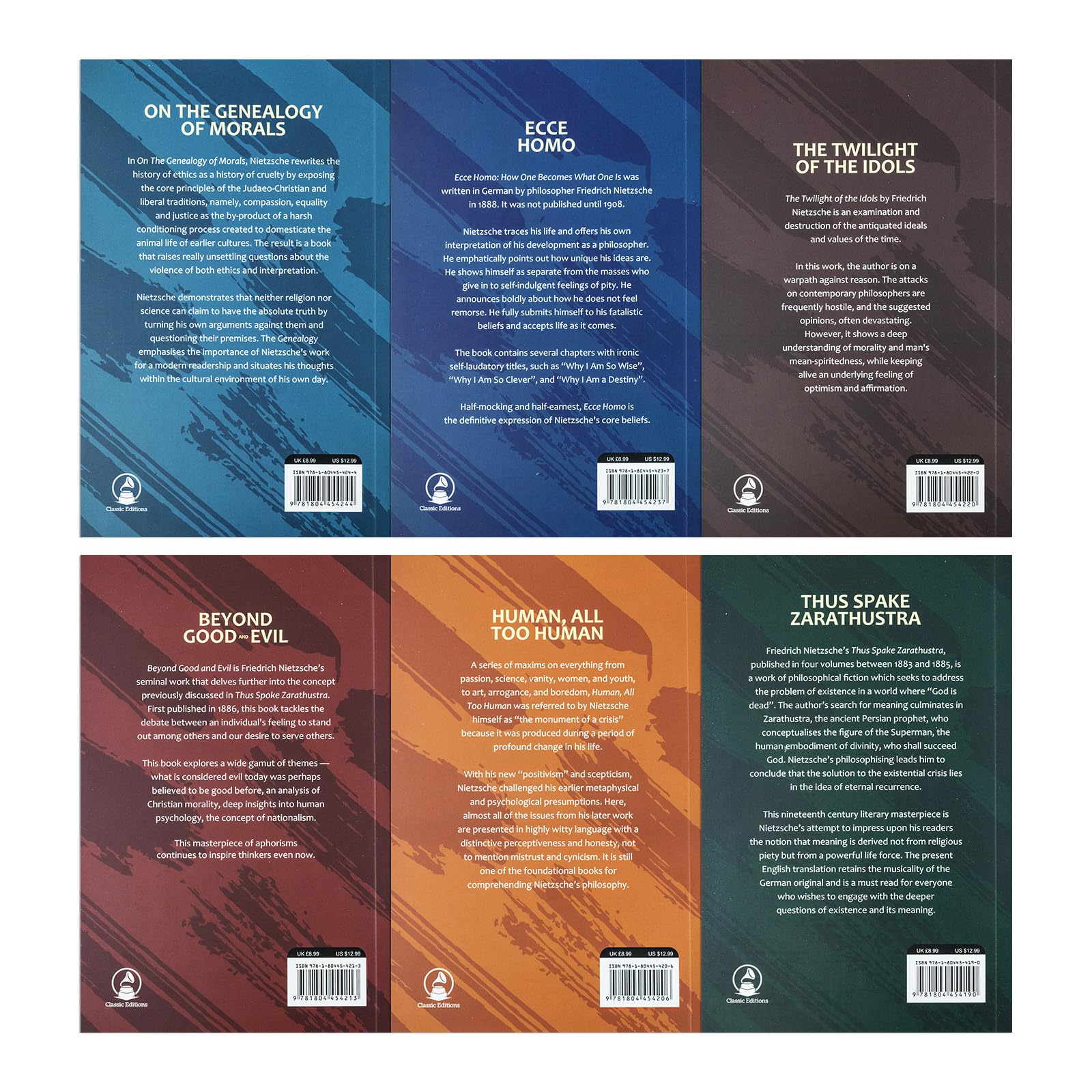 Complete Works of Friedrich Nietzsche book set by Friedrich Nietzsche, featuring six paperback classic editions in a collection.