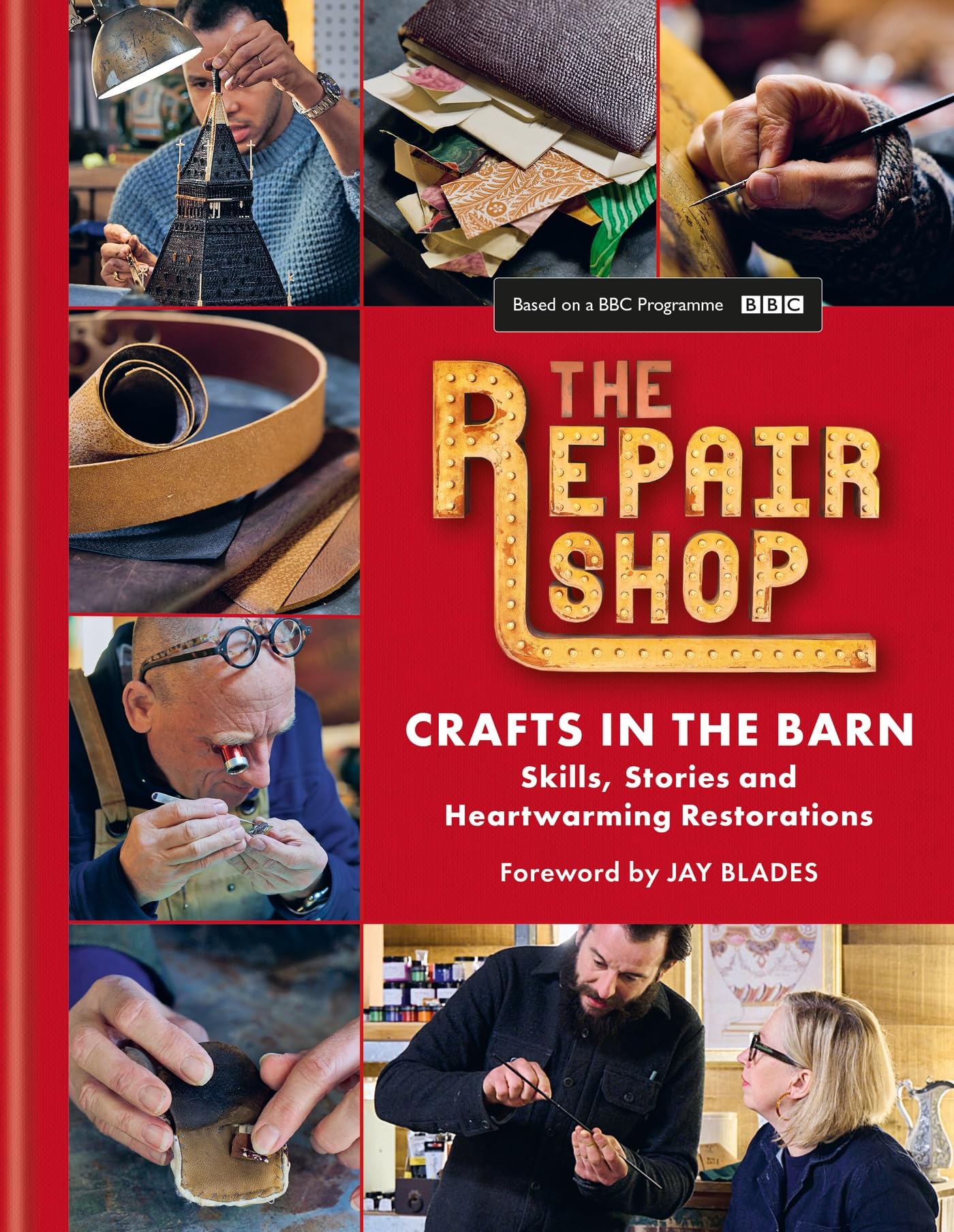 Hardback book set "The Repair Shop: Crafts in the Barn" by Jayne Dowle featuring various authors, displayed on a wooden surface.