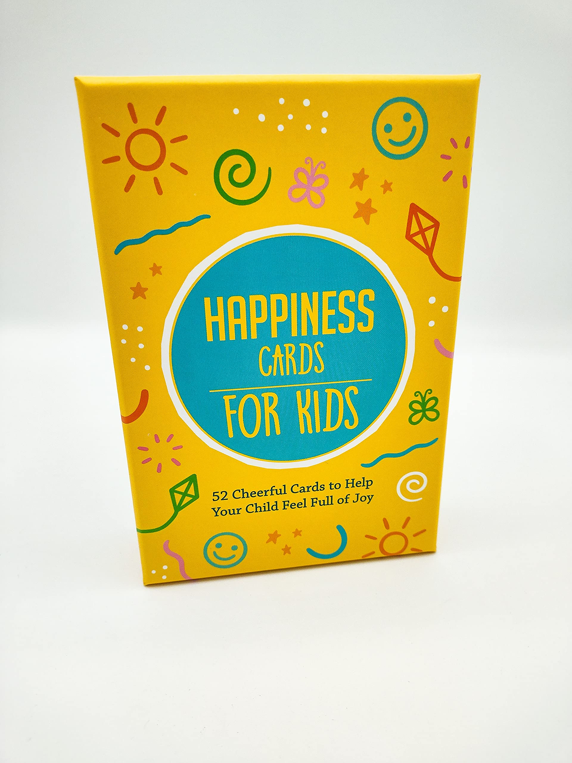 Colorful happiness cards for kids by Summersdale, featuring cheerful illustrations and messages for ages 3–7.