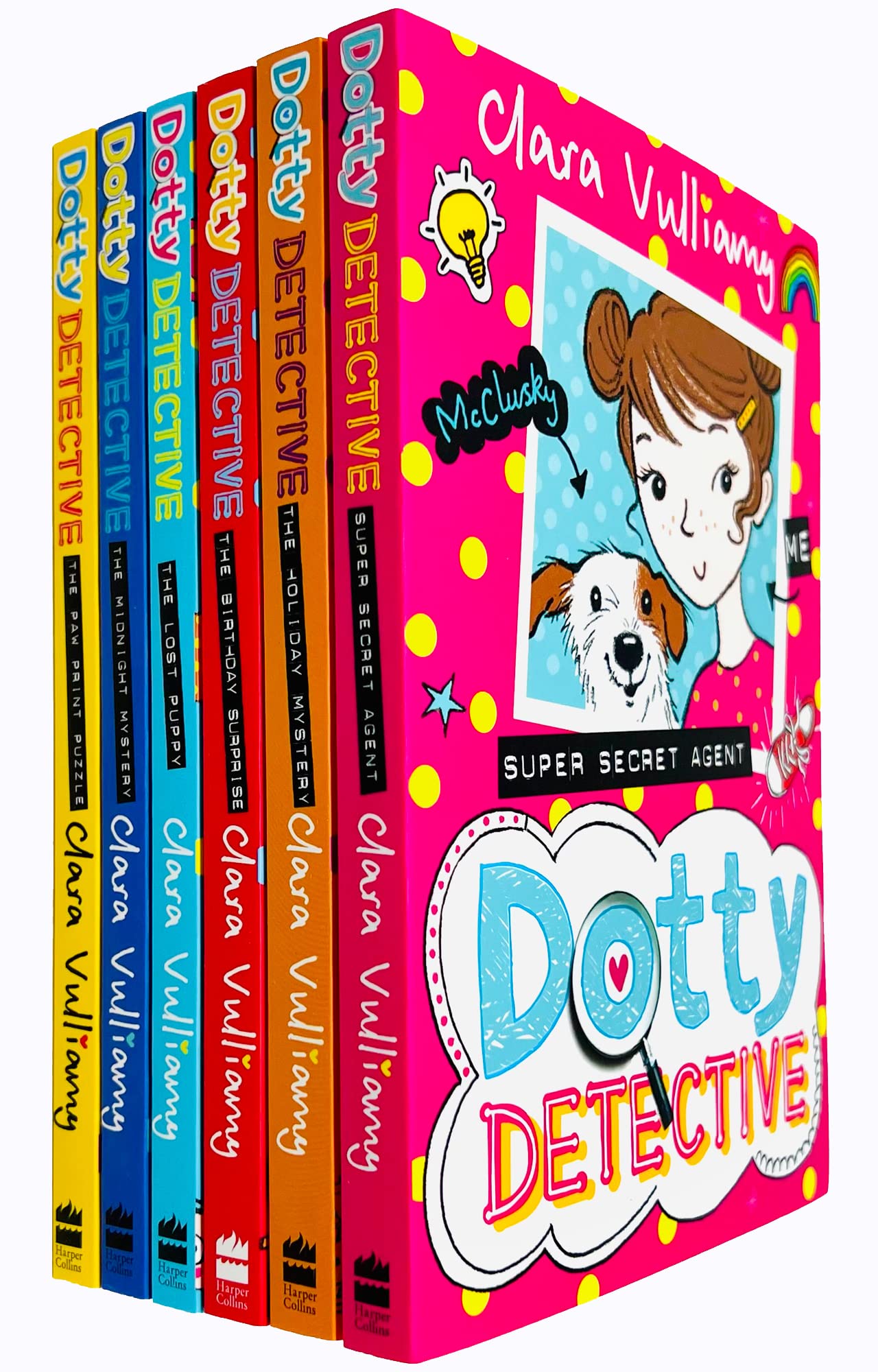 Dotty Detective 6-book collection by Clara Vulliamy in paperback for ages 6-8, featuring colorful covers and engaging illustrations.