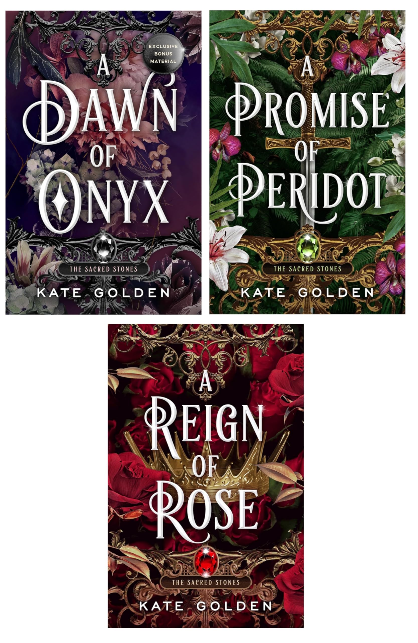 Three paperback books from Kate Golden's Sacred Stones Series collection set, featuring fictional stories with colorful cover art.