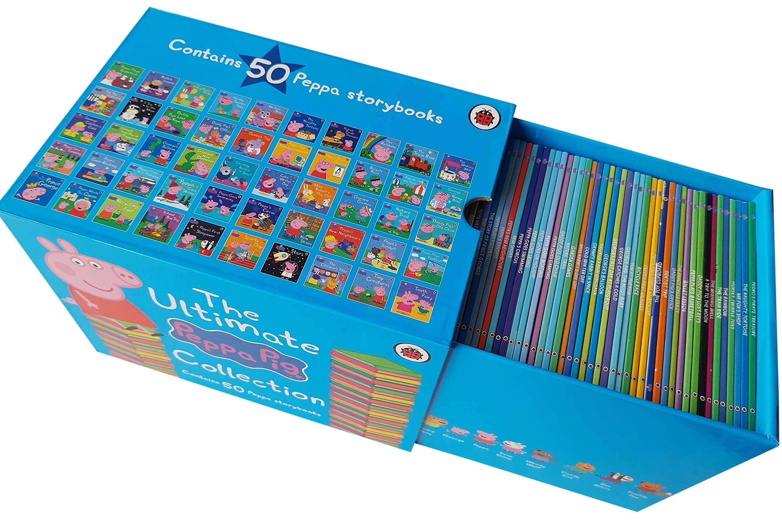 Peppa Pig Collection by Ladybird, 50 hardback books for ages 3-7, featuring colorful covers and beloved characters.