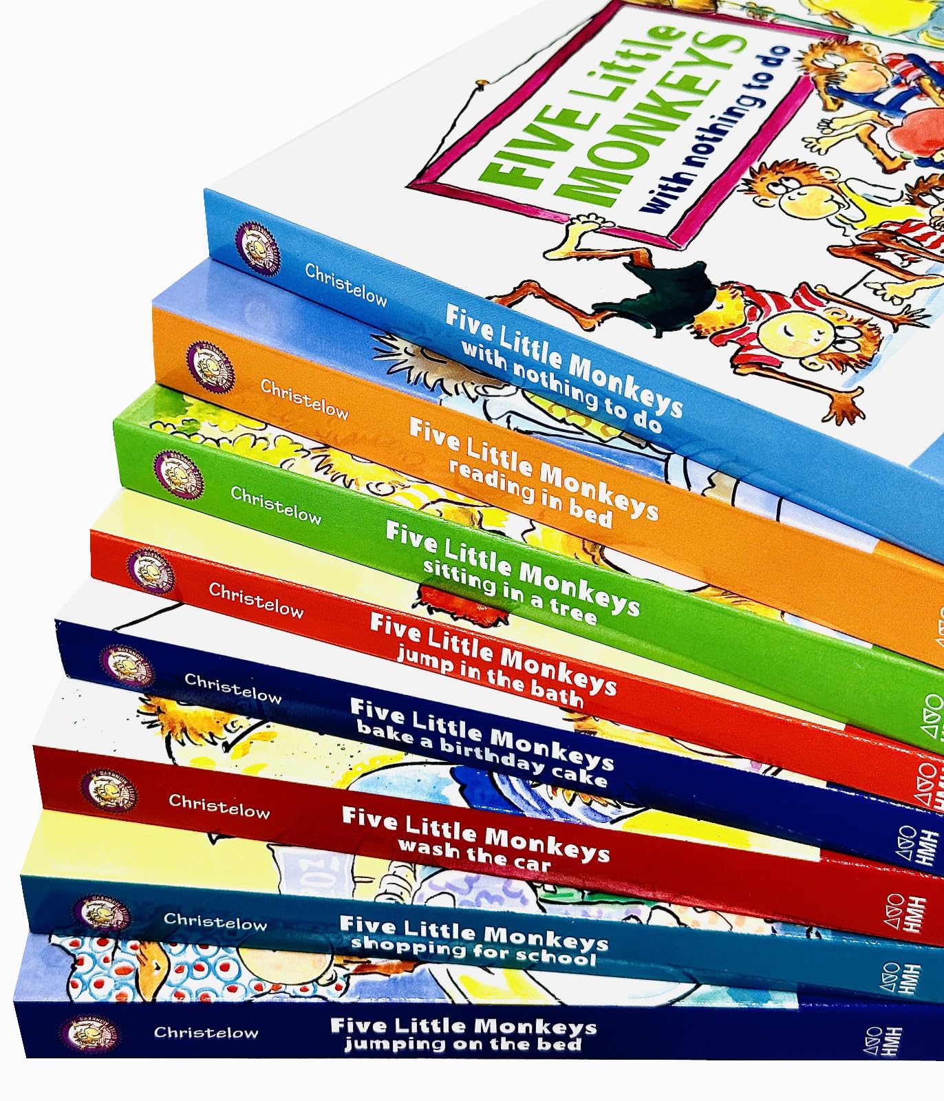 Eight board books from the Five Little Monkeys Adventures collection by Eileen Christelow for ages 3-7.