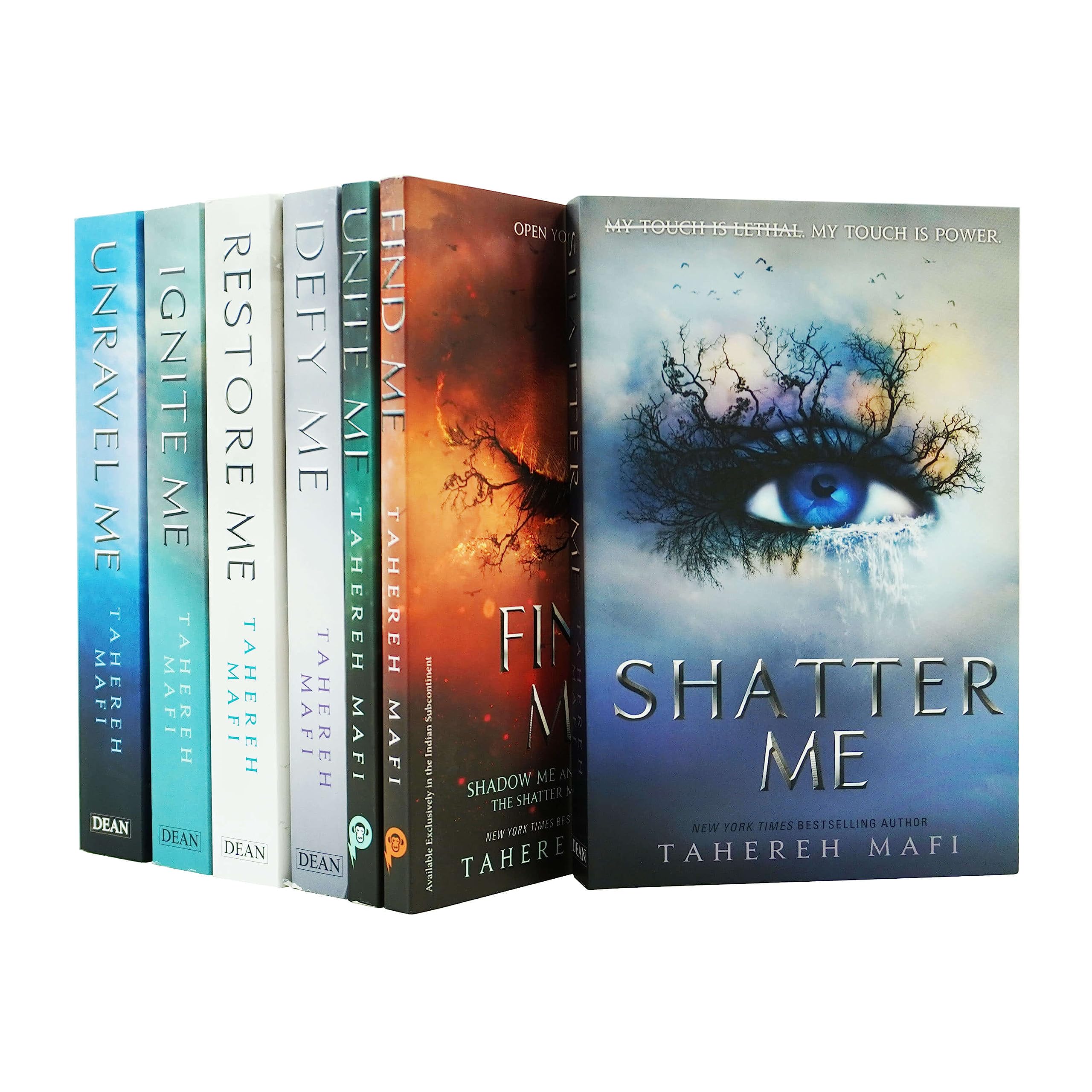 Seven paperback books from the Shatter Me series by Tahereh Mafi, young adult fantasy collection, stacked together.
