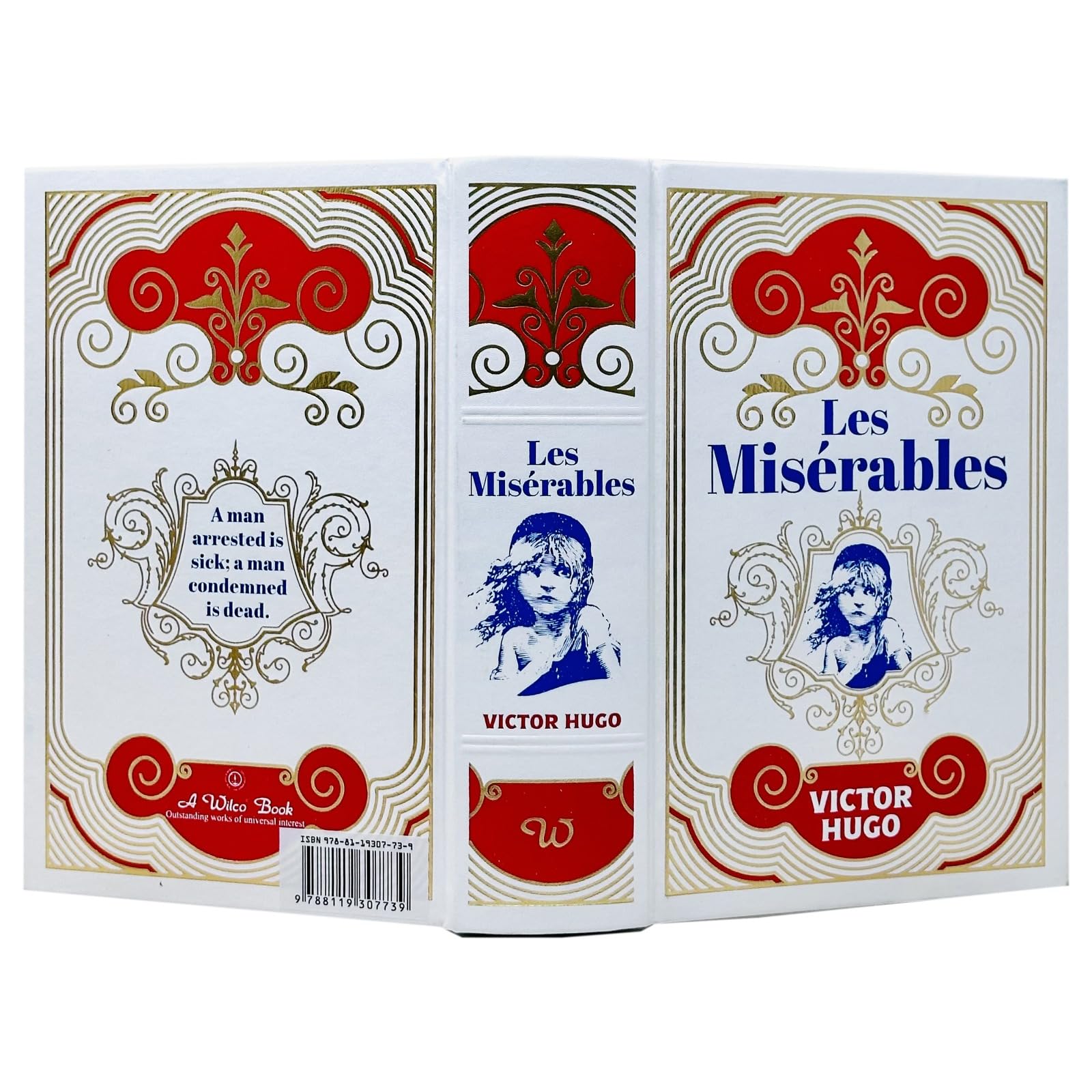 Hardback edition of Les Miserables by Victor Hugo, showcasing the cover art and spine details.